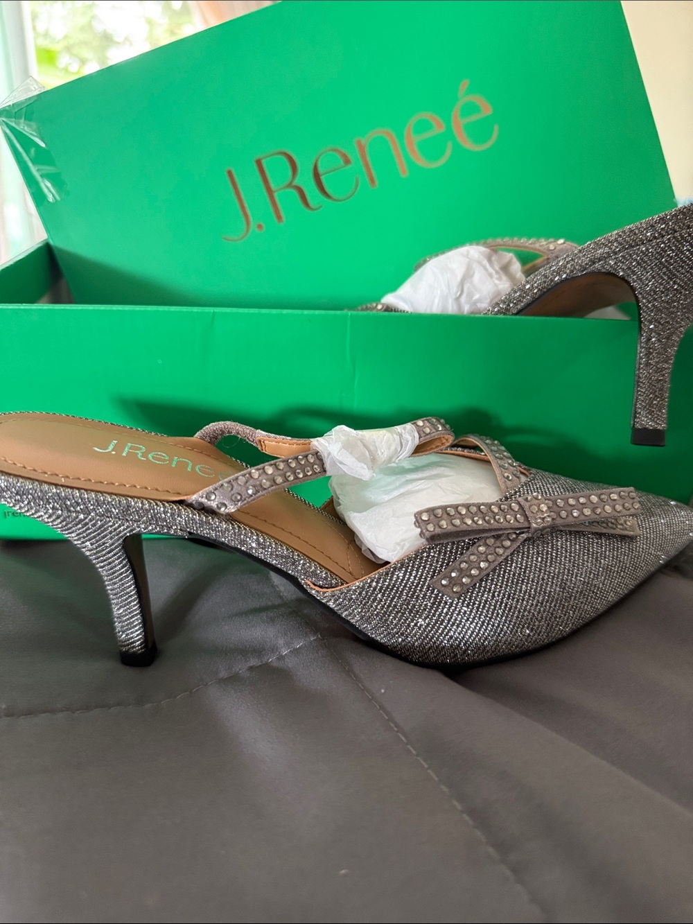 J.Renee Silver Rhinestone Bow Slingback Mules
